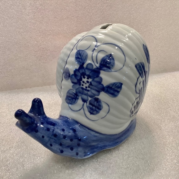 Vintage Ceramic Snail Piggy Bank Andrea by Sadek Blue Floral - Picture 2 of 10